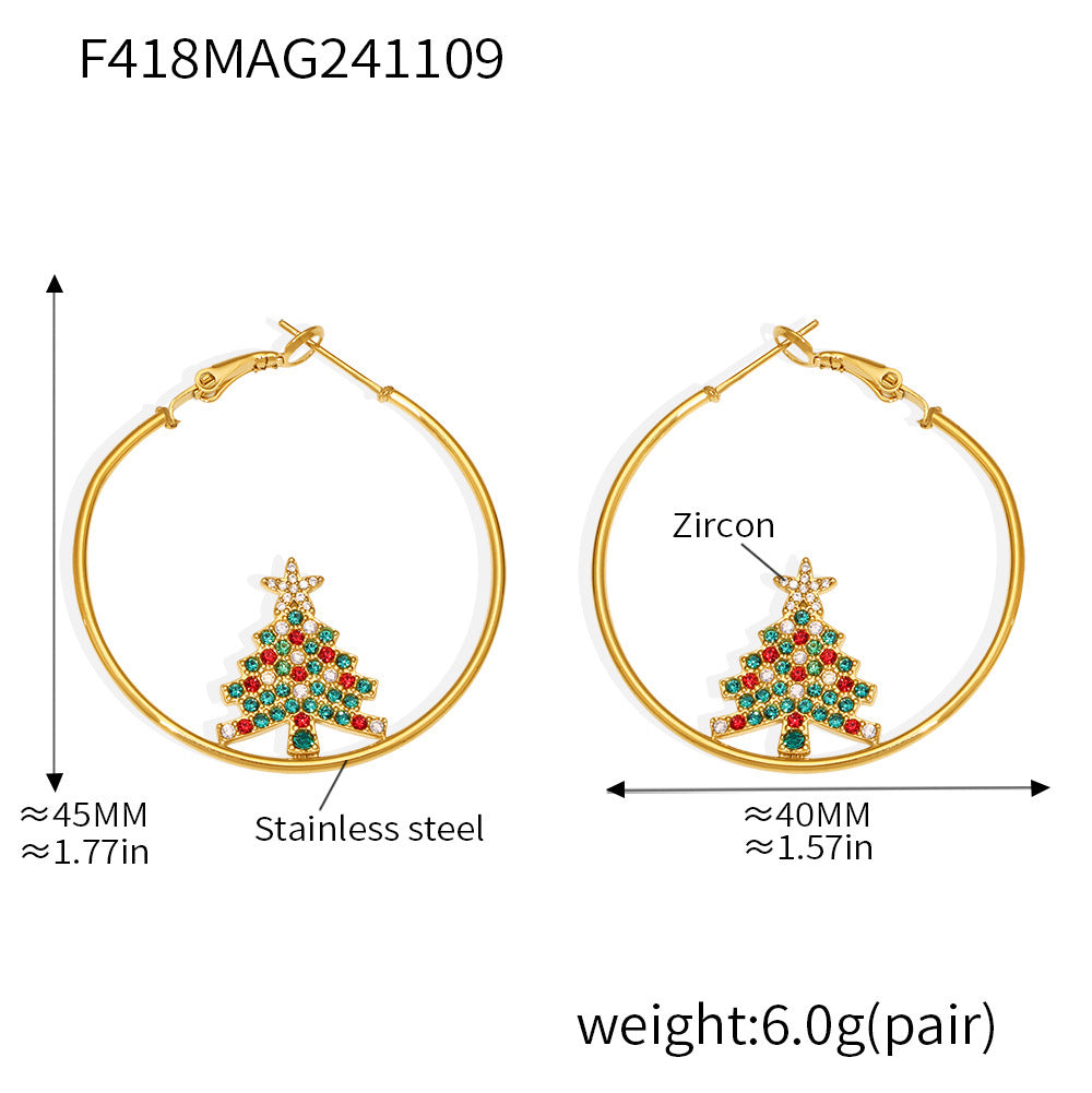 B廠【F418】歐美聖誕款幾何素圈聖誕樹鑲嵌鋯石耳環鈦鋼鍍18k金耳飾品 24.11-3