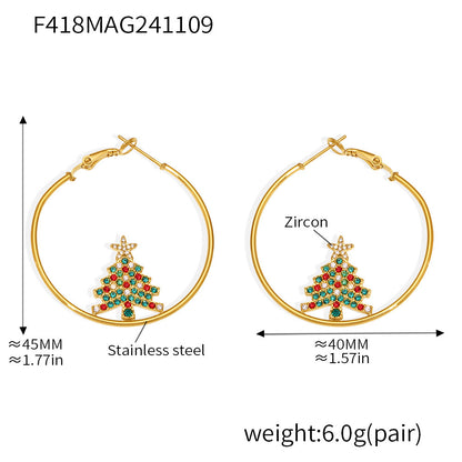 B廠【F418】歐美聖誕款幾何素圈聖誕樹鑲嵌鋯石耳環鈦鋼鍍18k金耳飾品 24.11-3