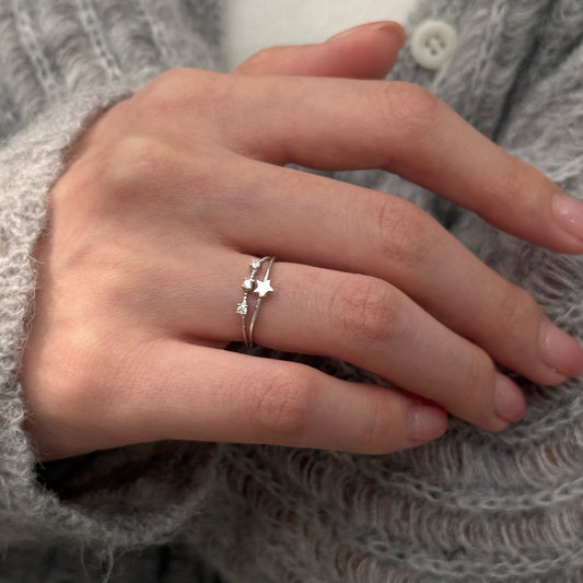 E廠【XDQ8787R】韓版時尚S999純銀雙層星星戒指女簡約個性星形鋯石百搭食指戒
 26.01-1