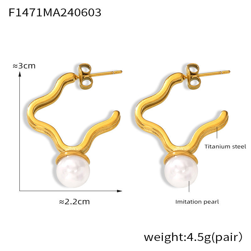 B廠【F1471】歐美新款網紅氣質四葉花朵線條耳環名媛同款個性鑲嵌貝珠鈦鋼耳環 24.06-2