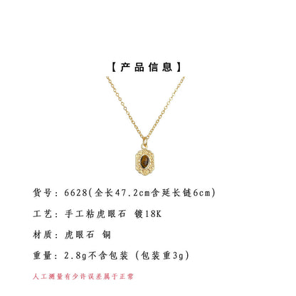A廠【6628】厚鍍18K真金保色秋冬款鎖骨鏈 天然石虎眼石紋樣中古風項鍊女
 25.09-1