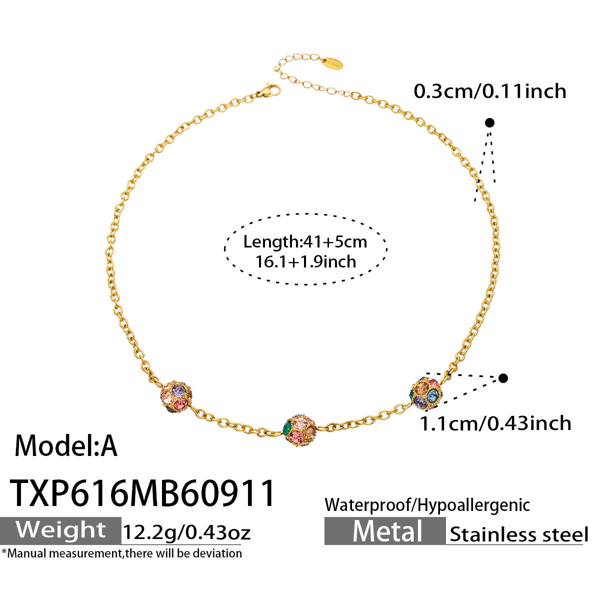B廠【TXP616】新款多巴胺球形鋯石不銹鋼鍍18k金 簡約通勤手鍊項鍊耳環首飾套裝
 26.09-3