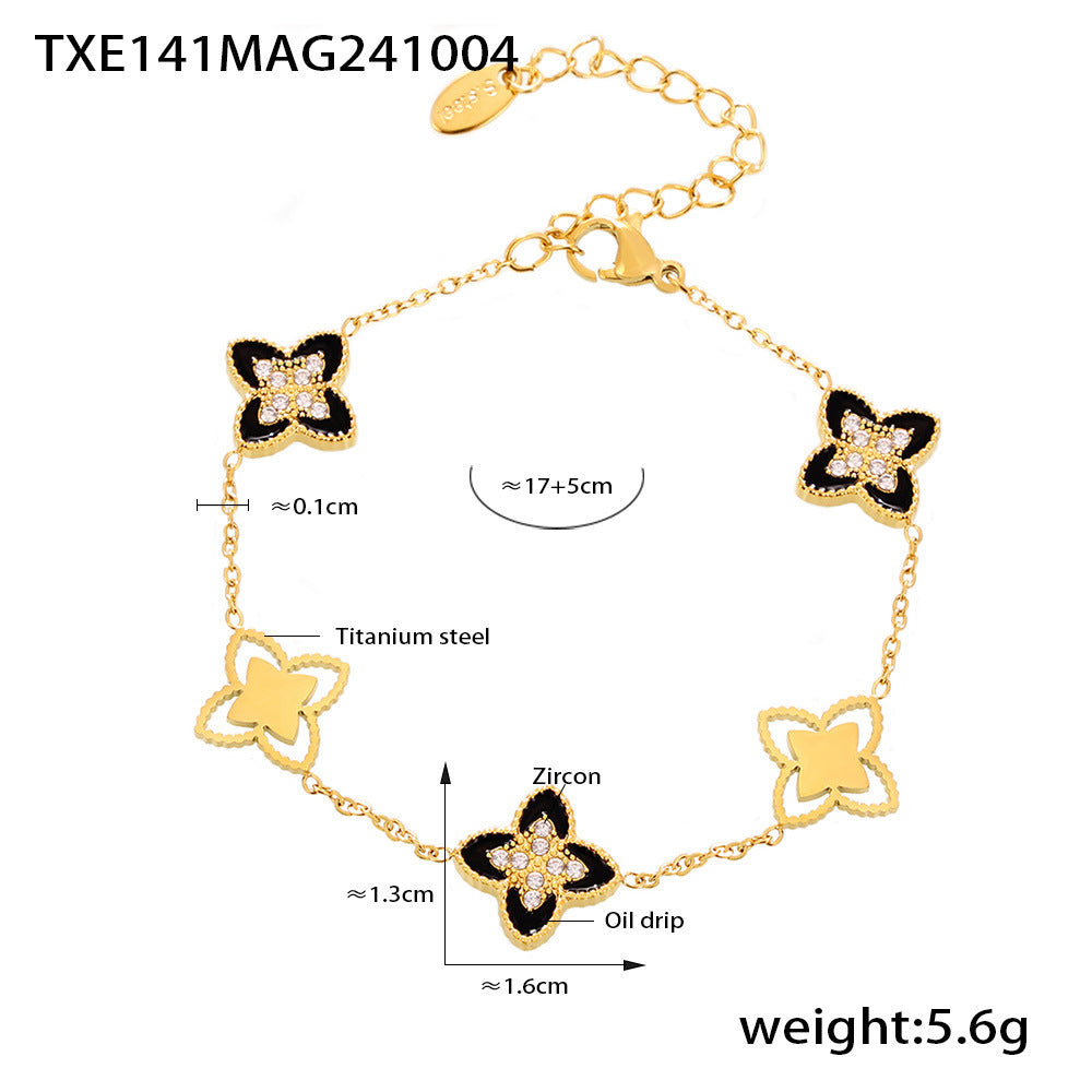 B廠【TXP141】歐美跨境滴油四葉花鋯石滿鑽手鍊項鍊小眾設計女生款閨蜜鈦鋼套裝 24.10-2