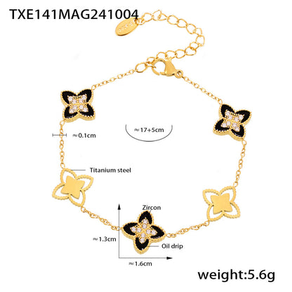 B廠【TXP141】歐美跨境滴油四葉花鋯石滿鑽手鍊項鍊小眾設計女生款閨蜜鈦鋼套裝 24.10-2