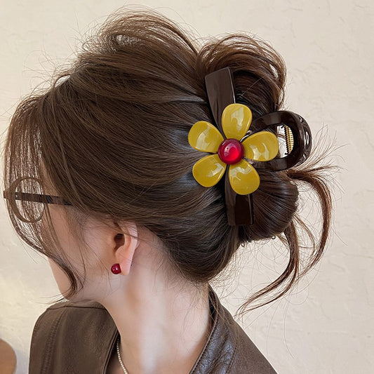 C廠【X157】紅珠花朵抓夾女2026新款巧克力棕色鯊魚夾高級感頭髮夾巨好看髮飾
 26.04-4