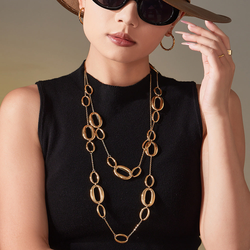 B廠【M084】不鏽鋼幾何長項鍊 鍍18k金ins歐美時尚百搭O字形拼接毛衣
 25.11-3