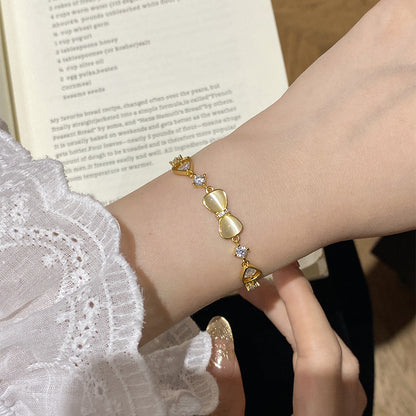 E廠【DQ0048S】法式輕奢蝴蝶結仿貓眼石手鍊S925純銀精緻閃銀色時尚手飾女 25.07-4