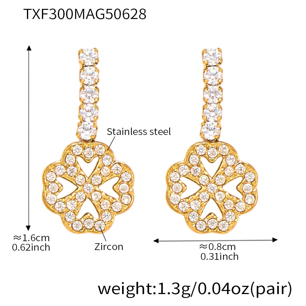 B廠【TXP300】超閃5A鋯石2mm鑽四葉花愛心手鍊項鍊組不鏽鋼鍍18k金飾品 25.07-1