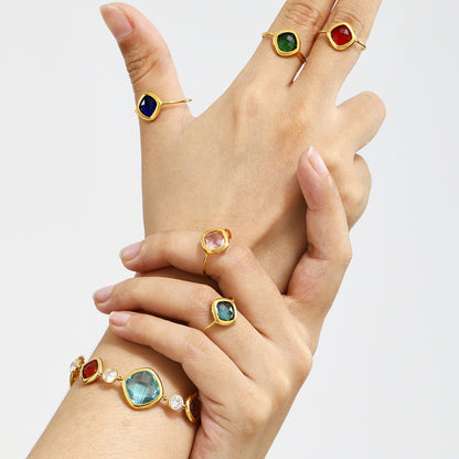 B廠【TXA274】歐美飾品不銹鋼材質捷克玻璃包邊石頭開口戒指18k鍍金手飾 25.06-3