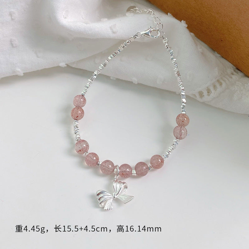 E廠【YC5517SL】S925純銀小眾設計款蝴蝶結草莓晶/海藍寶/灰月光甜美手飾 24.08-5
