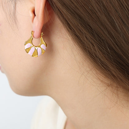 B廠【F260】多巴胺琺瑯彩軸條紋扇形個性氣質耳扣耳環鈦鋼不掉色美拉德耳飾女 25.05-3