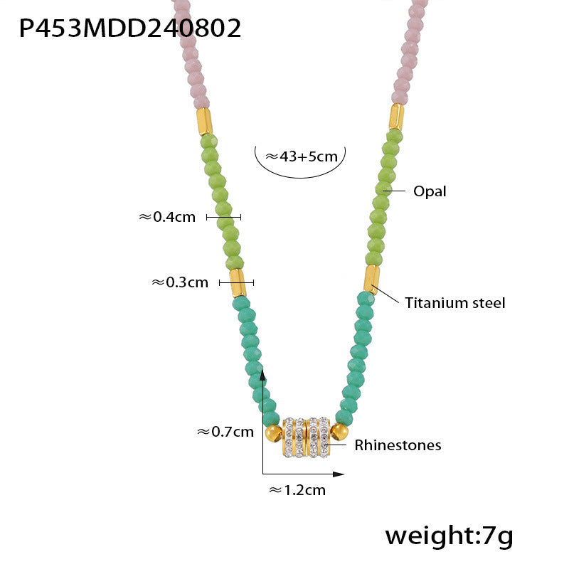 B廠【P453】歐美ins風多巴胺彩色天然串珠鑲鑽吊墜項鍊小眾輕奢感鈦鋼鎖骨鏈 24.08-2