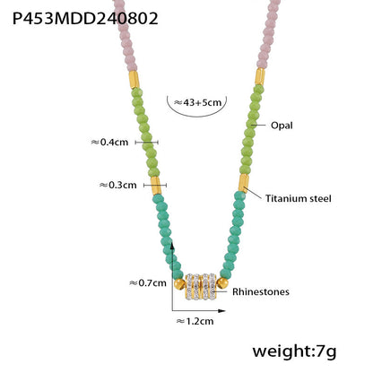 B廠【P453】歐美ins風多巴胺彩色天然串珠鑲鑽吊墜項鍊小眾輕奢感鈦鋼鎖骨鏈 24.08-2