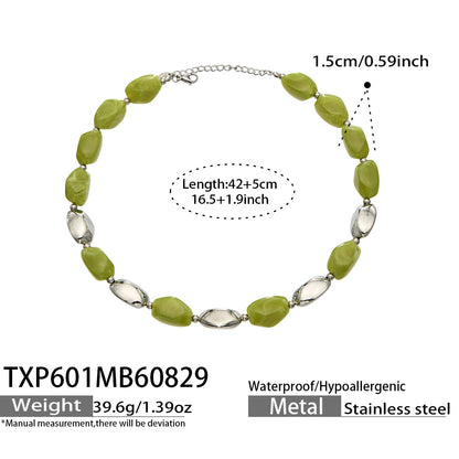 B廠【TXP601】歐美高級感小眾不鏽鋼鍍18k金樹脂橢圓串珠項鍊手鍊飾品首飾套裝
 26.09-1