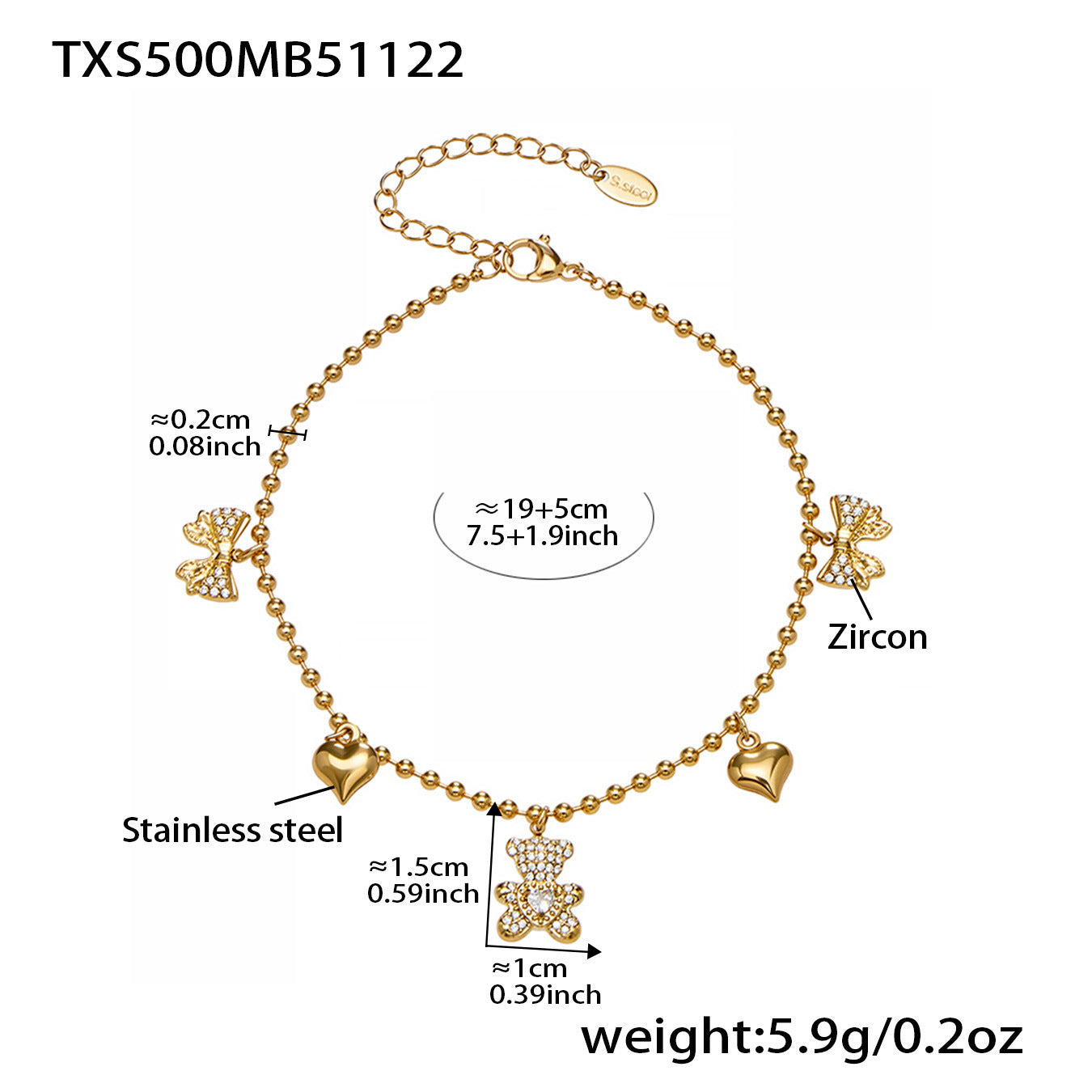 B廠【TXP500】不銹鋼5A鋯石滿鑽小熊蝴蝶結愛心多配件吊墜項鍊手鍊耳環首飾套裝
 25.11-4