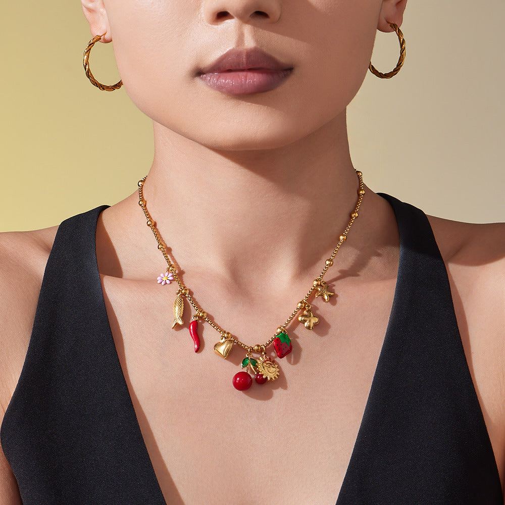 B廠【TXP449】櫻桃滴油小菊花手鍊項鍊diy不鏽鋼鍍18K金歐美百搭珠寶首飾
 25.10-4