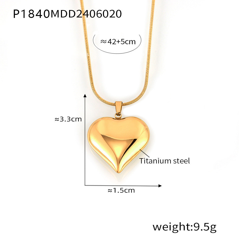 B廠【P1840】INS簡約光面愛心鈦鋼項鍊百搭輕奢心形空心吊墜蛇骨鏈鍍18k金頸鏈 24.06-4