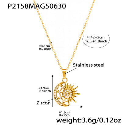 B廠【P2158】超閃5A鋯石太陽月亮吊墜鎖骨項鍊雙層疊戴不鏽鋼18k鍍真金 25.07-2