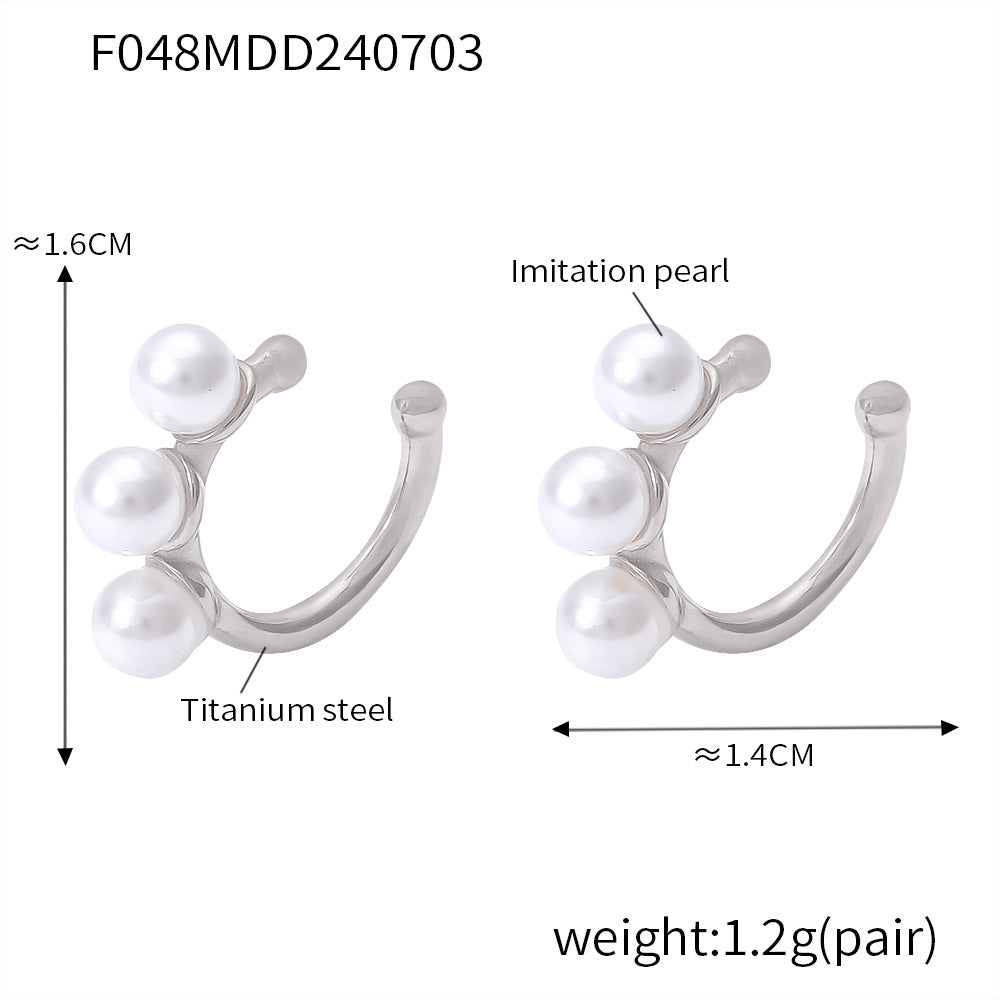 B廠【F048】歐美氣質優雅U形鑲嵌仿珍珠設計感鈦鋼鍍金耳環女個性百搭飾品 24.07-2
