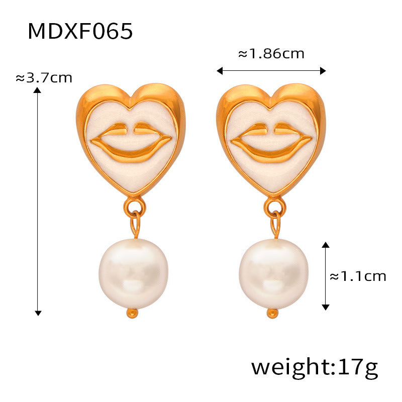 B廠【F065】日韓新款可愛甜美卡通時尚鈦鋼鍍金琺瑯滴油幾何貝珠吊墜笑臉耳環 24.03-3