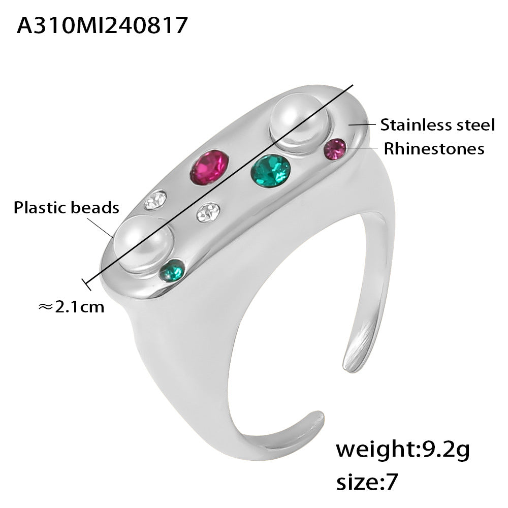 B廠【A310】歐美ins風彩鑽仿珍珠戒指復古開口不鏽鋼鍍18k真金2024新款指環 24.08-5