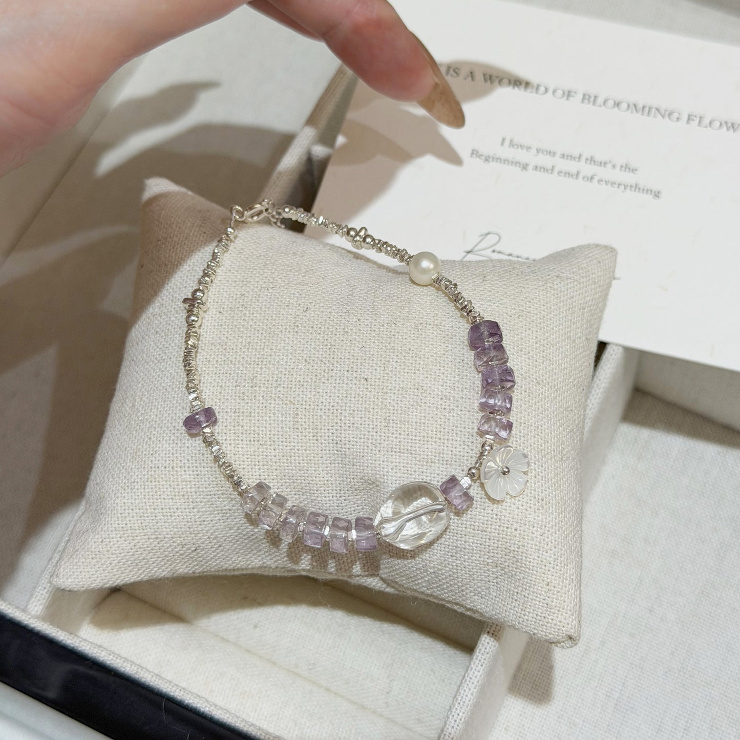 E廠【XDQ0614S】S925純銀碎銀子切面紫水晶手鍊女天然白水晶貝殼花朵精緻手飾
 26.05-2
