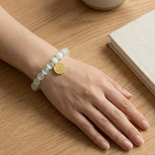 B廠【E241】歐美跨國熱銷款圓牌福字貓眼石手鍊ins風個性時尚百搭彈性繩手飾
 26.02-1