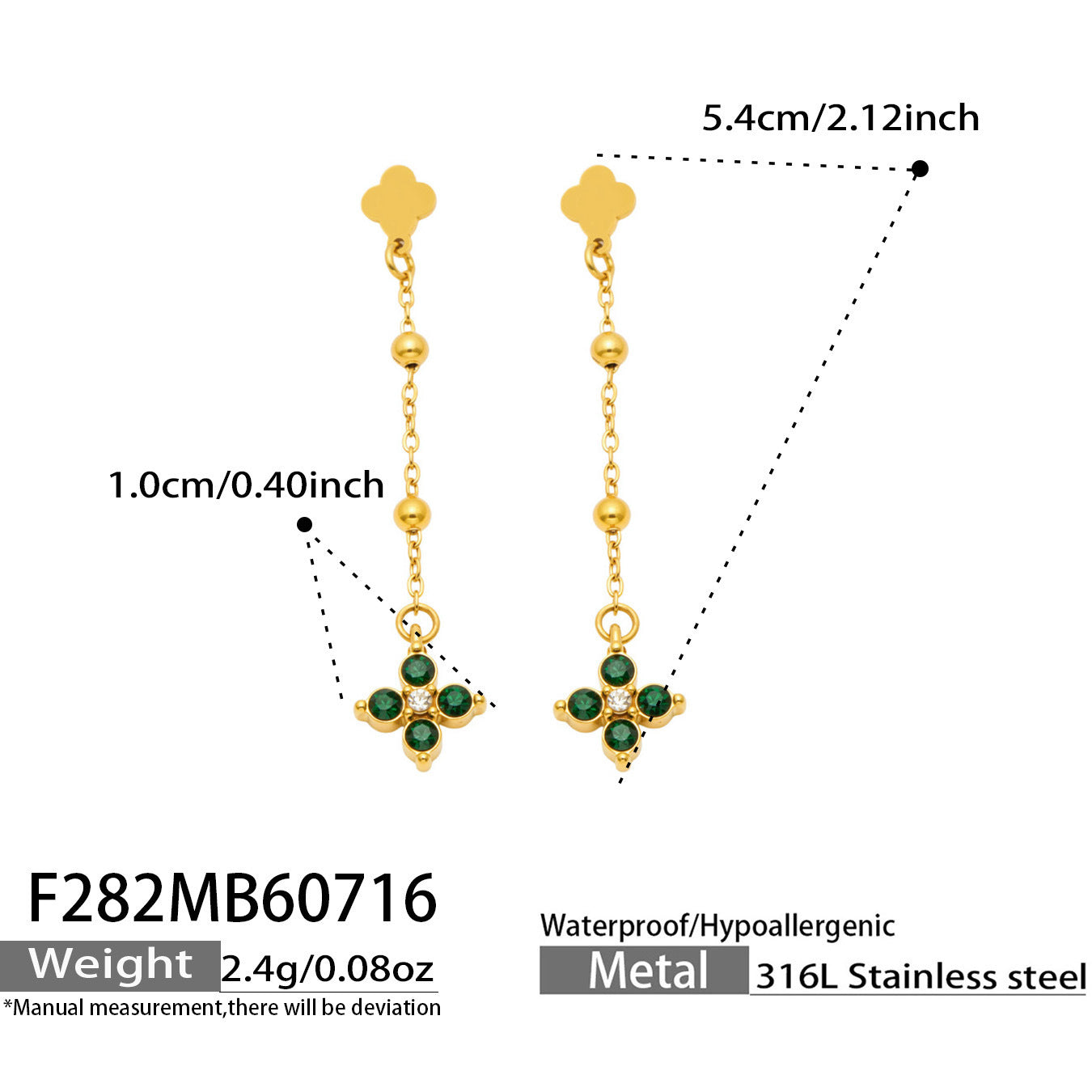 B廠【F282】歐美甜美風不鏽鋼鍍18k金 鑲嵌鋯石四葉花長吊墜耳環時尚飾品女
 26.07-4