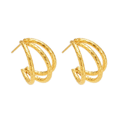 B廠【F597】歐美新款小巧精緻三層紋理耳環不鏽鋼鍍18k真金耳環耳飾女 25.08-5