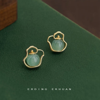 A廠【6207】把把胡！設計師款天然石東陵玉茶壺耳環925銀針鍍14K個性小眾耳飾 25.06-2