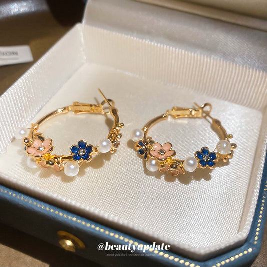 A廠【HE29162】925銀針滴油花朵圓形珍珠耳圈復古精緻優雅氣質耳環輕奢高級感女
 25.11-1