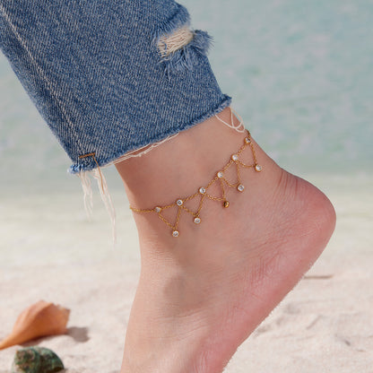 B廠【S030】ins小眾鏈條流蘇鋯石腳鍊歐美跨境新品雙層不鏽鋼鏈條飾品
 25.09-1