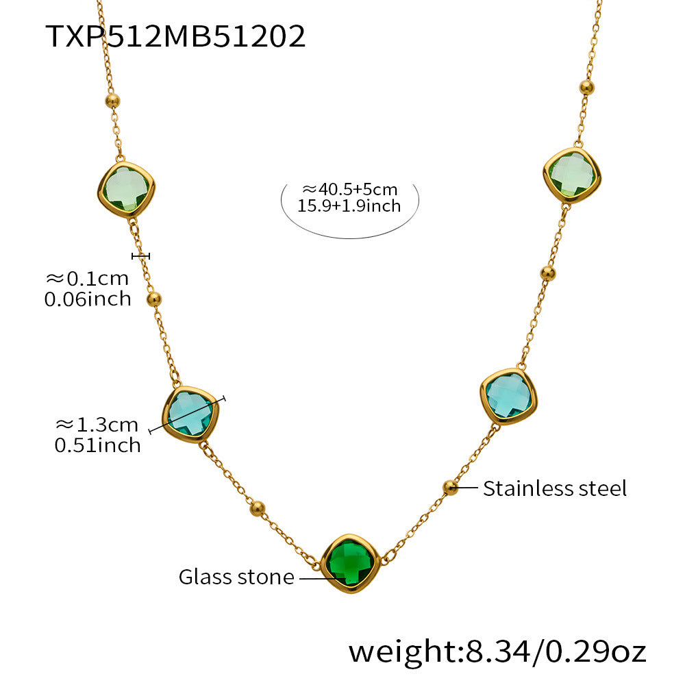 B廠【TXP512】不銹鋼正方形切面玻璃石手鍊項鍊耳環套裝歐美風潮酷氣質珠寶首飾
 25.12-2