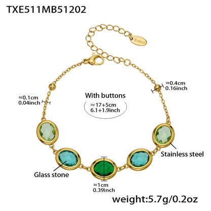 B廠【TXP511】不鏽鋼幾何橢圓切面玻璃石包邊項鍊手鍊耳環組鍍18k金跨國首飾
 25.12-2