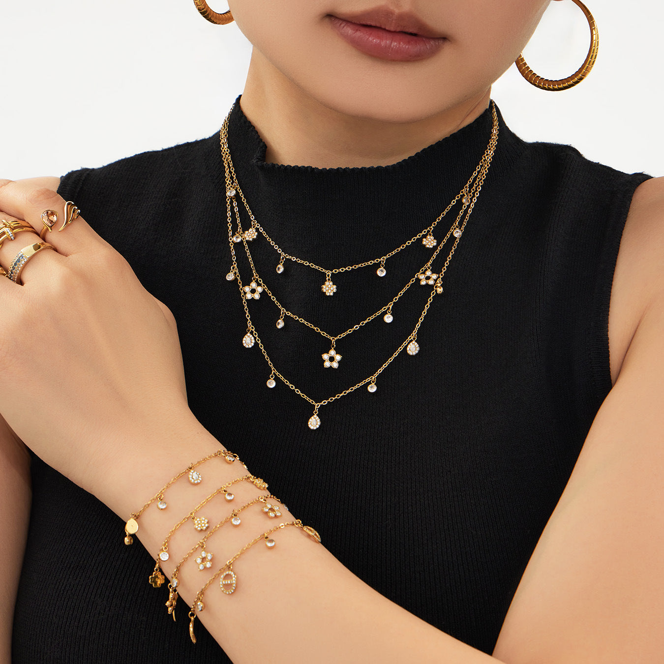 B廠【TXE571】歐美小眾五葉花鋯石小鑽DIY多吊墜項鍊手鍊不銹鋼鏈條鍍18k金套裝
 26.03-3