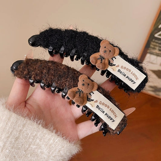 C廠【P56】韓國卡通小熊毛絨香蕉夾髮夾女2025新款可愛後腦勺高馬尾豎夾髮卡
 25.12-2「C廠-單筆結帳需滿，NT$500出貨(不含運費)」