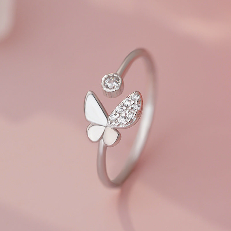 E廠【YC3213R】S999足銀簡約蝴蝶鋯石戒指女甜美百搭清新時尚小眾指環
 25.10-3
