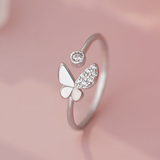 E廠【YC3213R】S999足銀簡約蝴蝶鋯石戒指女甜美百搭清新時尚小眾指環
 25.10-3