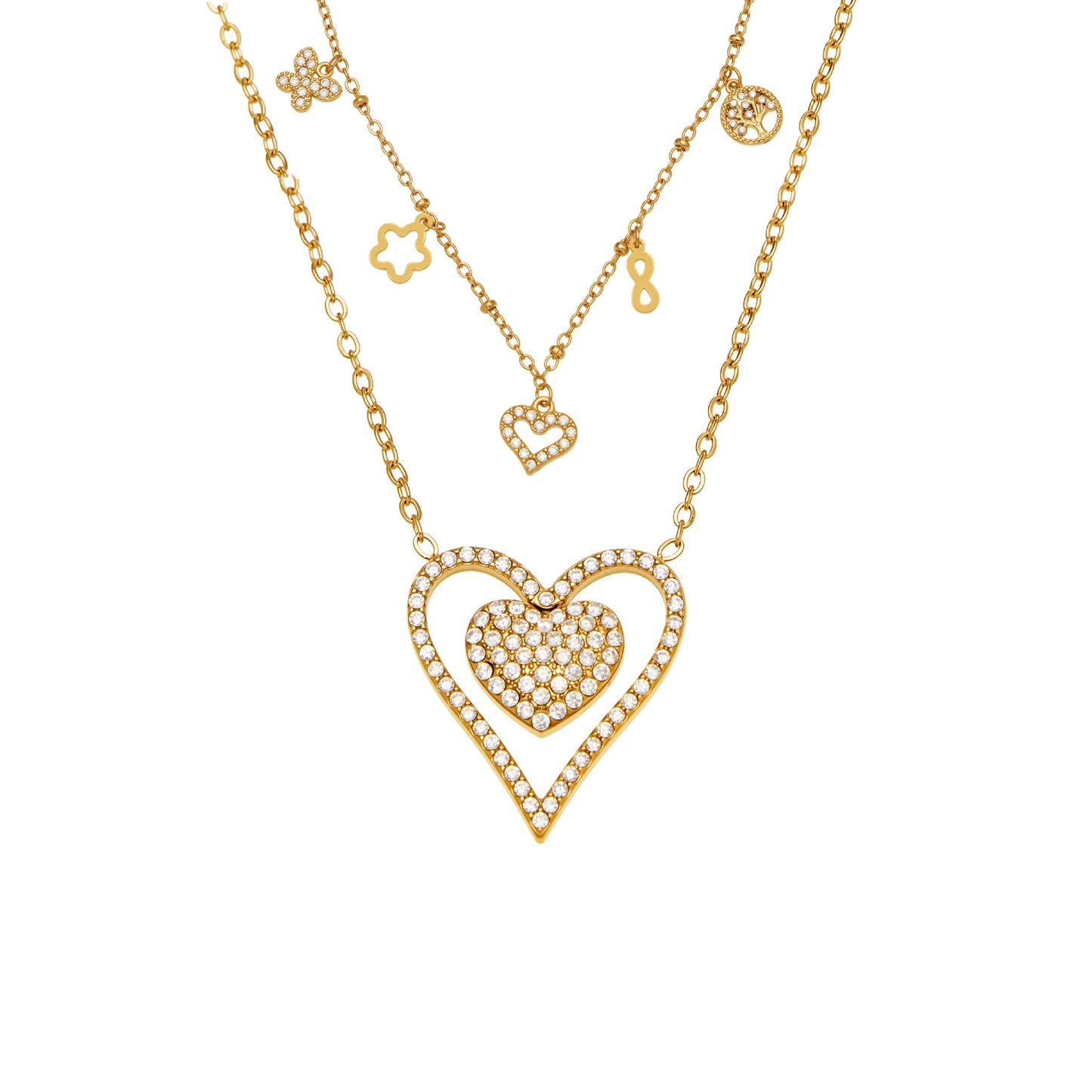 B廠【P874】跨境新款靈動愛心滿鑽鋯石吊墜雙層鎖骨項鍊不鏽鋼鍍18k金
 25.11-4