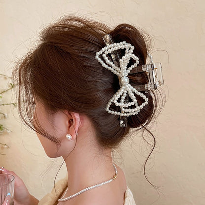 C廠【X121】韓系千金~抓夾女珍珠蝴蝶結鯊魚夾子高級感頭髮髮夾獨特漂亮頭飾
 26.04-3