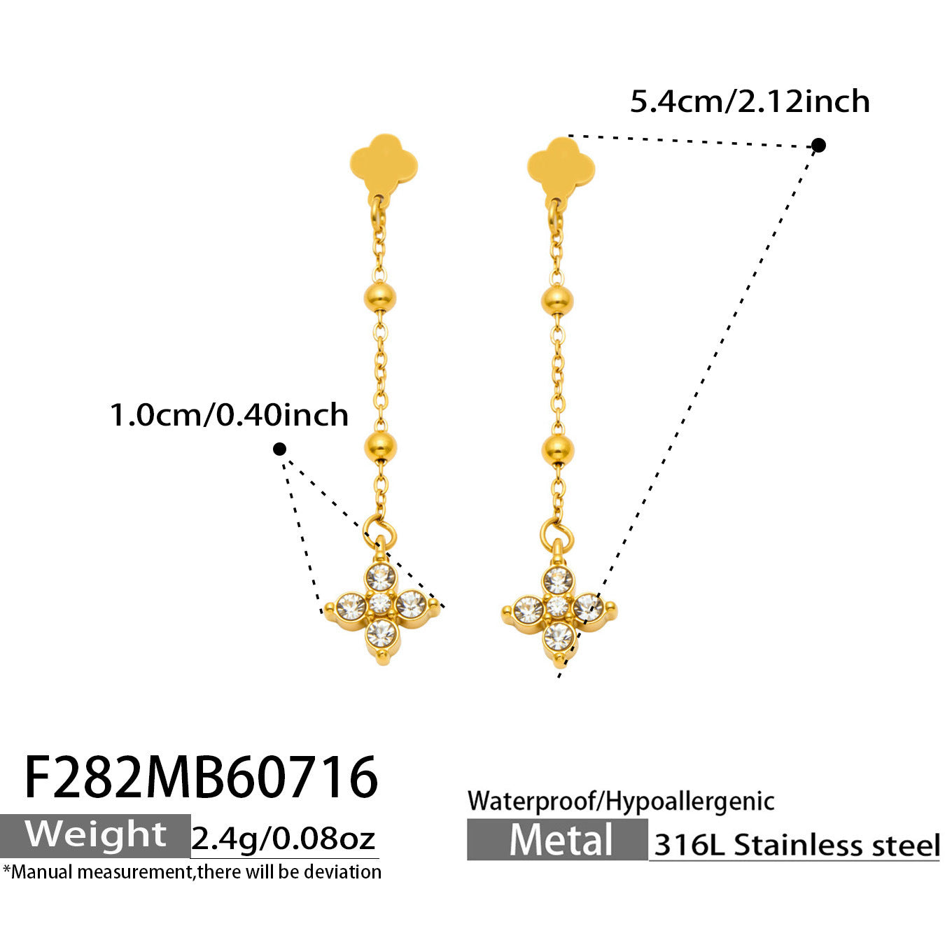 B廠【F282】歐美甜美風不鏽鋼鍍18k金 鑲嵌鋯石四葉花長吊墜耳環時尚飾品女
 26.07-4