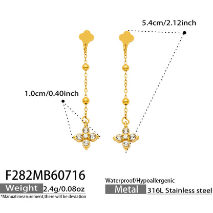 B廠【F282】歐美甜美風不鏽鋼鍍18k金 鑲嵌鋯石四葉花長吊墜耳環時尚飾品女
 26.07-4