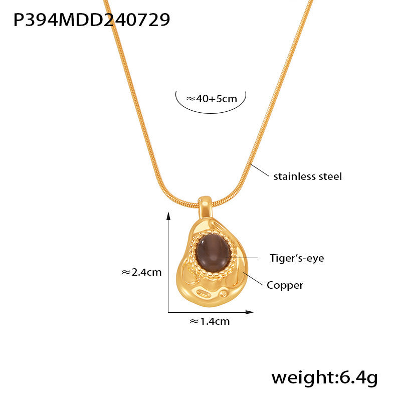 B廠【P394】跨國橢圓虎眼石銅質吊墜項鍊不鏽鋼鎖骨鏈簡約氣質18k鍍金項鍊女 24.08-2