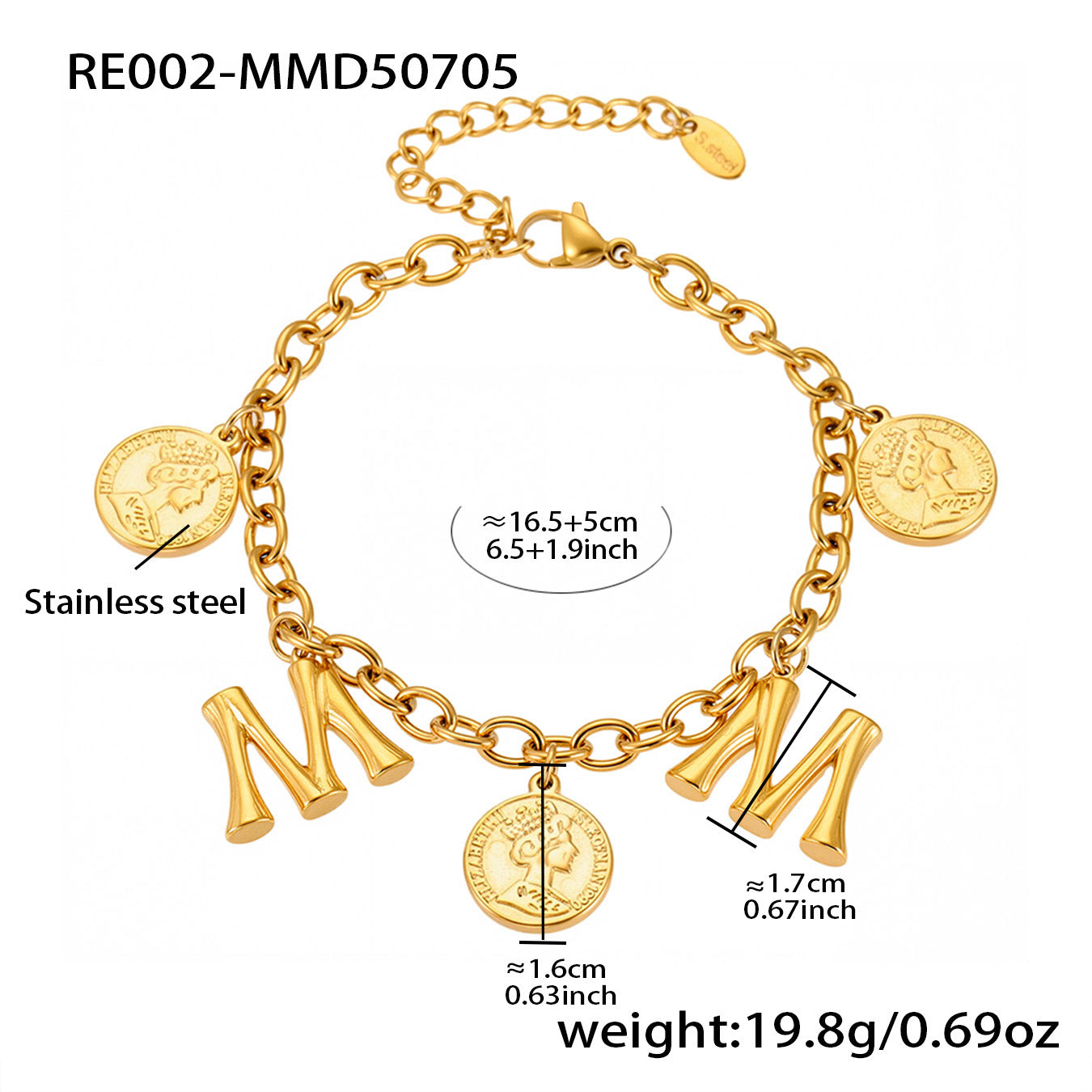 B廠【RE002】歐美飾品不鏽鋼26個字母伊莉莎白女王圖像手鍊鍍18k金色保色 25.07-3