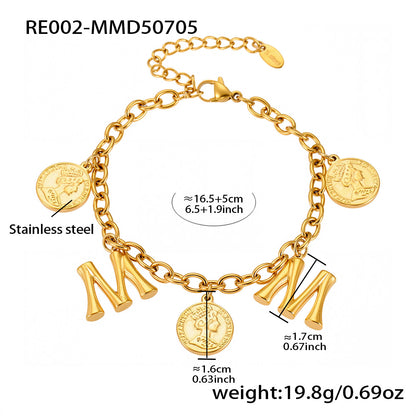 B廠【RE002】歐美飾品不鏽鋼26個字母伊莉莎白女王圖像手鍊鍍18k金色保色 25.07-3