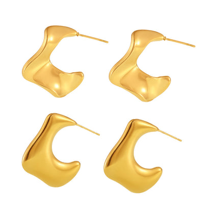B廠【F1563】不規則褶皺C型耳環耳環不鏽鋼PVD鍍18K真金冷淡風氣質耳飾 25.03-1