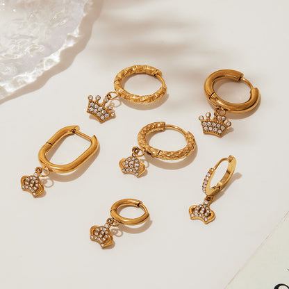 B廠【Q021】歐美飾品不鏽鋼U形皇冠鑲鋯石耳環鍍18k真金時尚耳環不掉色 25.08-5