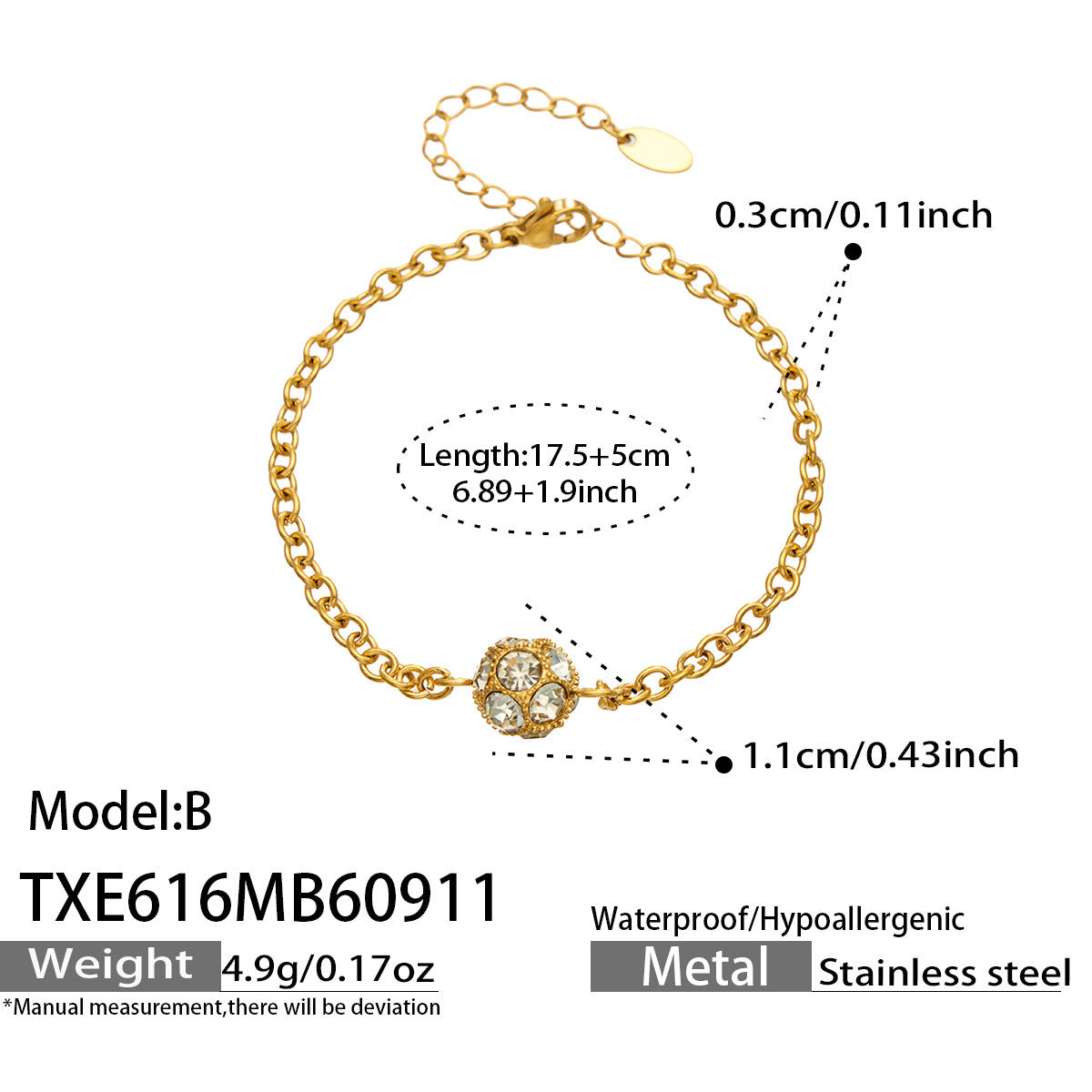 B廠【TXP616】新款多巴胺球形鋯石不銹鋼鍍18k金 簡約通勤手鍊項鍊耳環首飾套裝
 26.09-3