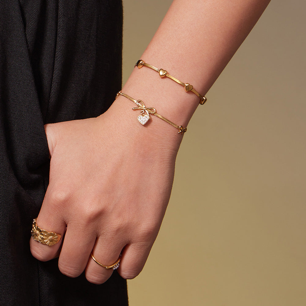 B廠【TXP499】不銹鋼蝴蝶結愛心鋯石滿鑽吊墜刀片鍊手鍊項鍊首飾組鍍18k真金
 25.11-4