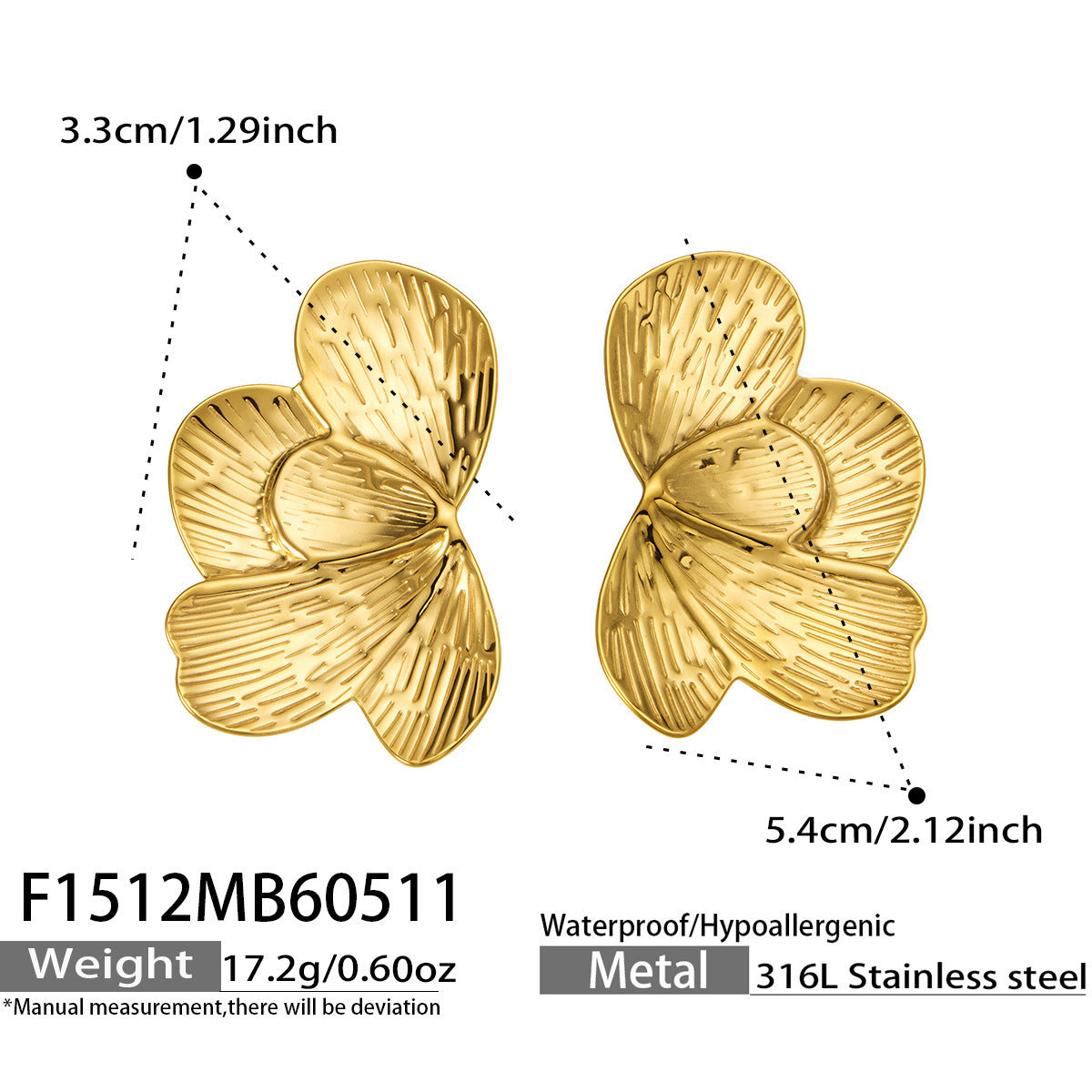 B廠【F1512】歐美不鏽鋼花瓣造型耳環跨國時尚輕奢紋理大花朵耳環女鍍18k真金
 26.05-3